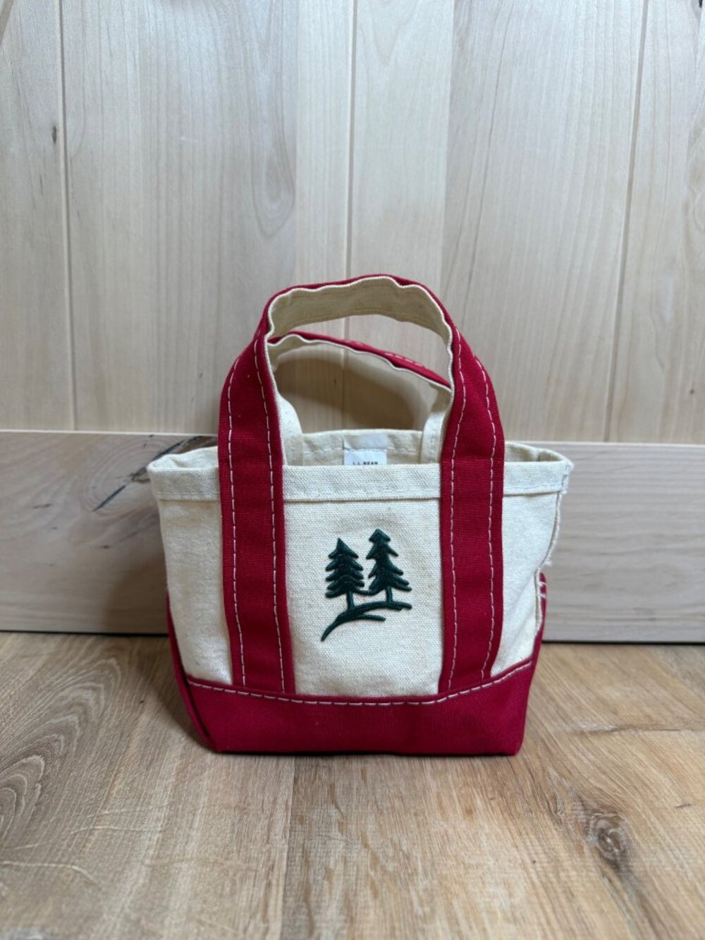 Vintage LL Bean Micro Mini Boat and Tote Bag Canvas Red Cream Evergreen Trees